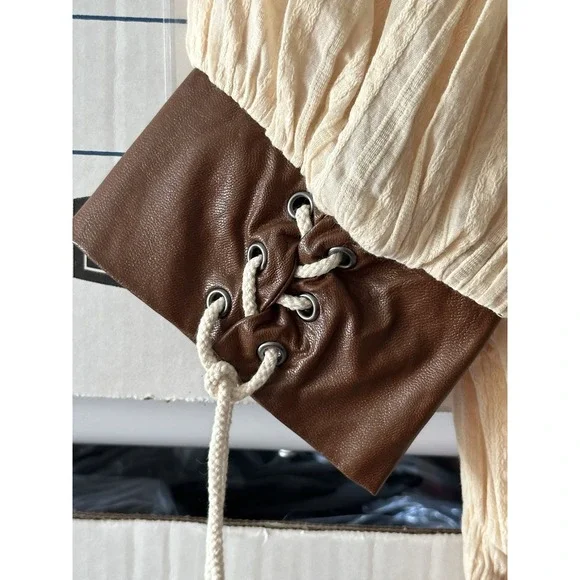 Women’s Cream Peasant Blouse with Brown Sleeve Accents - Picture 4 of 8